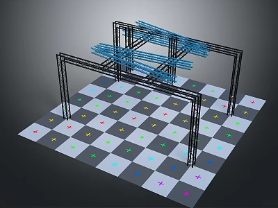 Metal Frame Structure With Blue Beams On Checkered Floor And Colorful Stars 3d model
