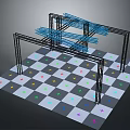 Metal Frame Structure With Blue Beams On Checkered Floor And Colorful Stars