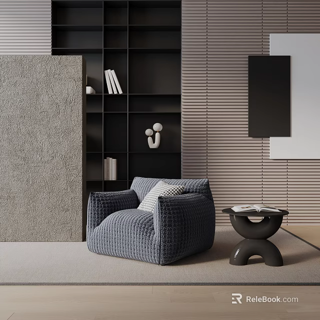 Cozy Gray Textured Leisure Armchair With Black Side Table Bookshelf And Striped Wall Decor 3d model 
