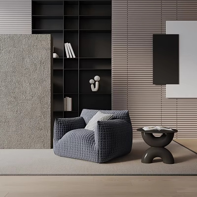 Cozy Gray Textured Leisure Armchair With Black Side Table Bookshelf And Striped Wall Decor 3d model
