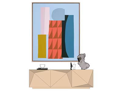 Abstract Geometric Painting On Wall Above Modern Console Table With Decorative Items 3d model