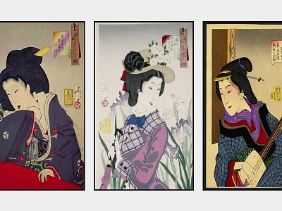 Traditional Japanese Women Portraits in Ukiyo-e Style with Floral Elements and Musical Instrument 3d model