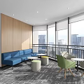 Modern Lounge Area Interior With Blue Sofa Green Chairs Large Windows And City View