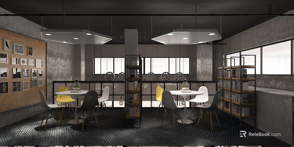 Modern Boutique Interior With Industrial Style Tables Chairs Bookshelves And Windows 3d model 