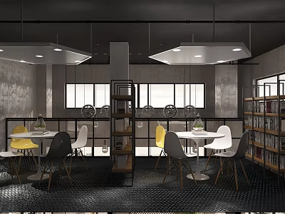 Modern Boutique Interior With Industrial Style Tables Chairs Bookshelves And Windows 3d model