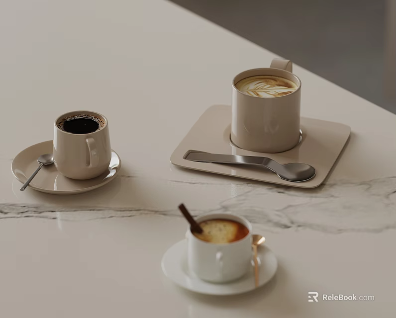Three Coffee Cups With Latte And Black Coffee On Saucers Tray Spoons And Cinnamon Stick 3d model 