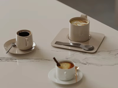 Three Coffee Cups With Latte And Black Coffee On Saucers Tray Spoons And Cinnamon Stick 3d model