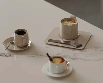 Three Coffee Cups With Latte And Black Coffee On Saucers Tray Spoons And Cinnamon Stick 3d model
