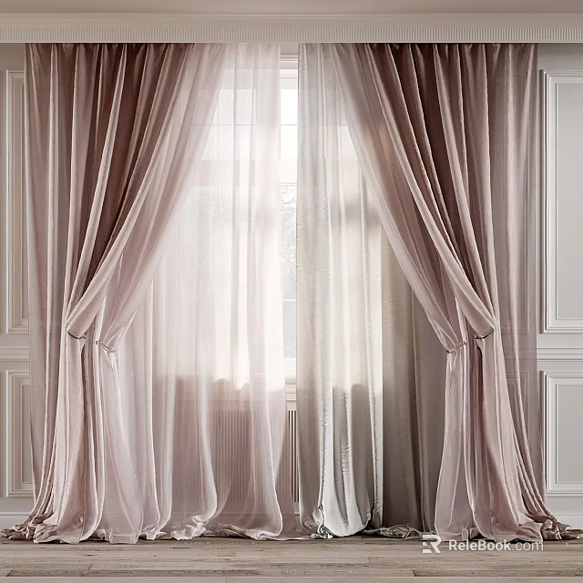 Elegant Soft Velvet Curtains In Light Pink With Sheer Layer For Window Decor 3d model 