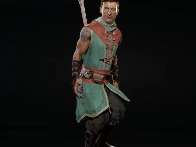 Man With Spear On Back In Green Tunic Tattooed Arm Leather Belt And Brown Boots 3d model