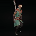Man With Spear On Back In Green Tunic Tattooed Arm Leather Belt And Brown Boots