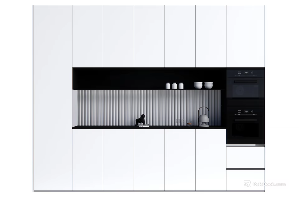 Modern Kitchen Interior With White Cabinets Black Appliances And Striped Backsplash 3d model 