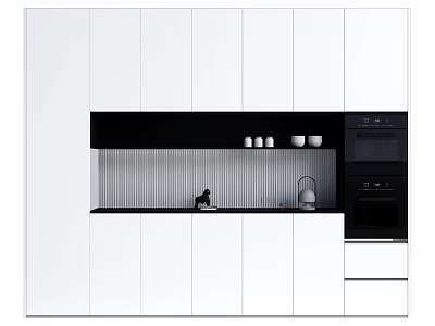 Modern Kitchen Interior With White Cabinets Black Appliances And Striped Backsplash 3d model