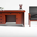 Brown Wooden Office Desk with Two Small Green Plants Sculpture Books and Black Leather Chair