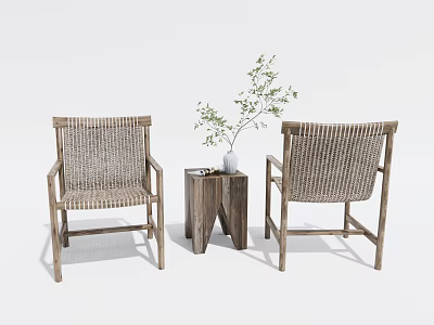 Woven Rattan Chairs With Wooden Side Table And Potted Plant For Living Area 3d model