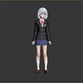 Anime Character With White Hair In Black Blazer Red Tie Blue Skirt And Red Shoes