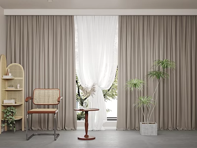 Beige Textured Curtains With White Sheer Panels In Cozy Living Room Interior 3d model