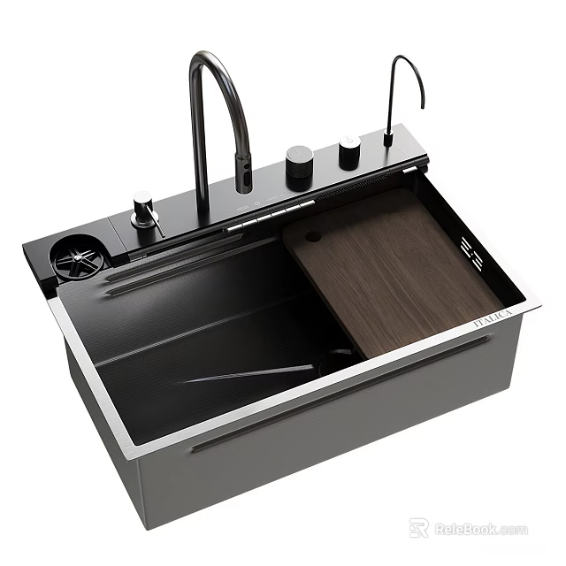 Modern Stainless Steel Kitchen Sink With Black Basin Wooden Cutting Board And Faucet 3d model 