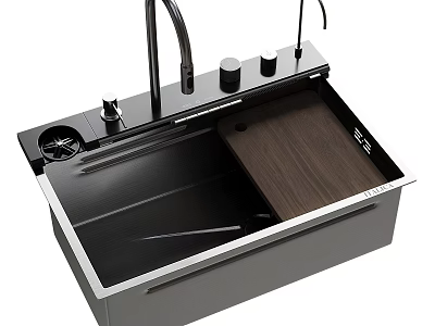 Modern Stainless Steel Kitchen Sink With Black Basin Wooden Cutting Board And Faucet 3d model