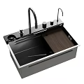 Modern Stainless Steel Kitchen Sink With Black Basin Wooden Cutting Board And Faucet