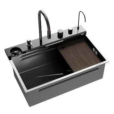 Modern Stainless Steel Kitchen Sink With Black Basin Wooden Cutting Board And Faucet 3d model