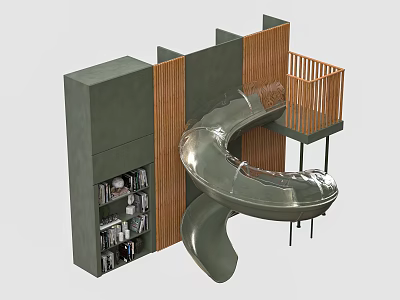 Modern Indoor Play Equipment Design With Curved Slide Bookshelves And Wooden Railings 3d model