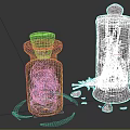 Two Glass Bottles Containing Green Herbs with Cork Stoppers Leaf Labels and Scattered Leaves