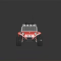 Red Open Top Dune Buggy With Roof Rack Spare Tire Headlights And Small Flag