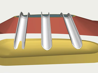 Playground Equipment Featuring Three Silver Slides On Red And Yellow Platform Structure 3d model