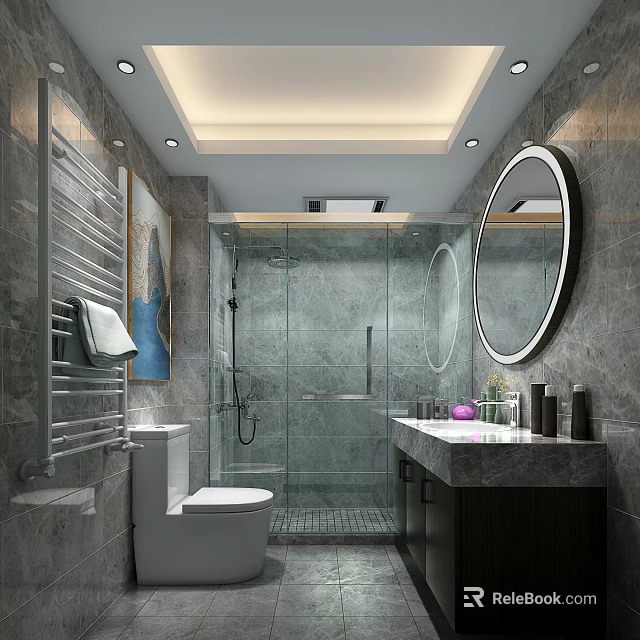 Modern Luxury Grey Marble Bathroom With Glass Shower Enclosure And Round LED Vanity Mirror 3d model 
