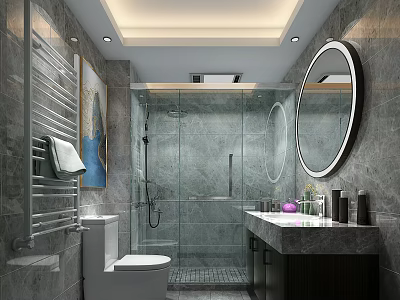 Modern Luxury Grey Marble Bathroom With Glass Shower Enclosure And Round LED Vanity Mirror 3d model