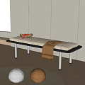Modern Upholstered Bench With Metal Legs Fruit Basket And Throw Blanket In Wooden Floor Interior