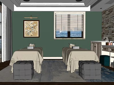 Tranquil SPA Interior With Green Walls Massage Beds White Linens Blinds And Stone Wall 3d model