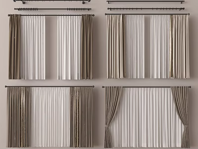 Elegant Modern Curtains with White and Brown Colors Linen Fabric and Pleated Design for Home 3d model