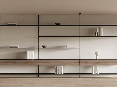 Modern Open Bookshelf Interior Design with Wooden Shelves Black Frame and Decorative Items 3d model