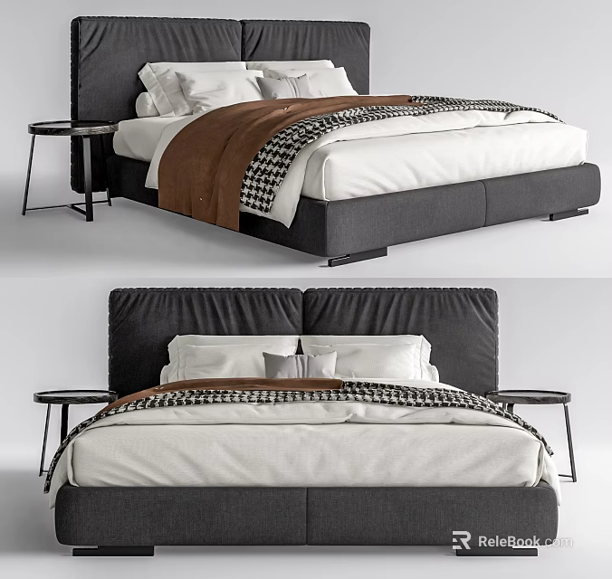 Modern Double Bed With Upholstered Headboard White Sheets And Checkered Blanket 3d model