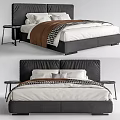 Modern Double Bed With Upholstered Headboard White Sheets And Checkered Blanket 3d model