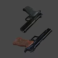 Two Modern Pistols with Wooden And Black Grips Detailed Design And Sleek Finish