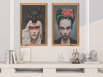 Stylish Wall Art Paintings With Wolf Head And Rose Headpiece For Home Interior Decor 3d model