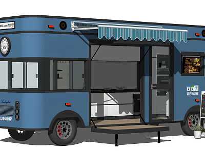 Blue Mobile Food Truck With Awning Open Side And Kitchen Equipment 3d model