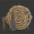 Straw Woven Shield With Hay Bales Blue Cloth And Small Top Statue