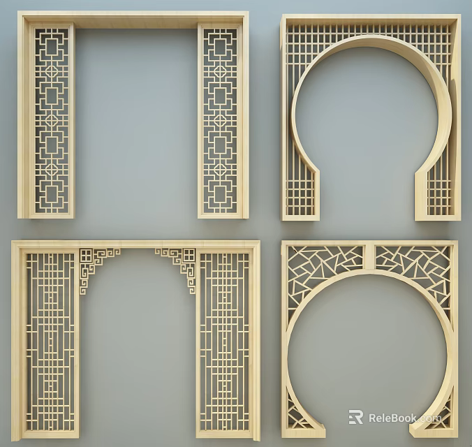 Chinese Traditional Decorative Wooden Lattice Panels With Various Shapes And Carved Designs 3d model 
