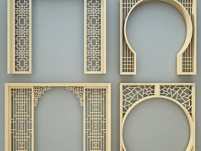 Chinese Traditional Decorative Wooden Lattice Panels With Various Shapes And Carved Designs 3d model