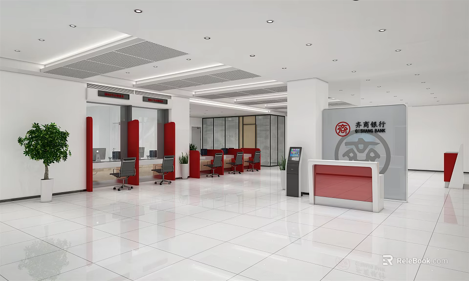 Service Hall Interior Design With Service Counters Seating And Spacious Area 3d model 