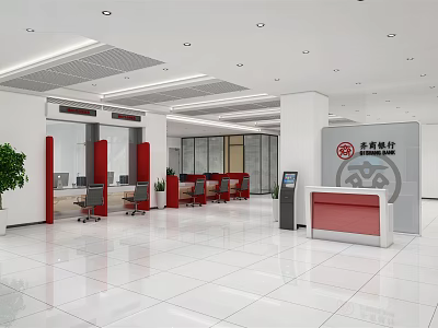 Service Hall Interior Design With Service Counters Seating And Spacious Area 3d model