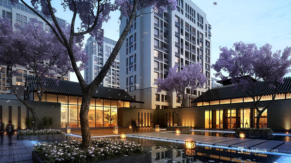 Modern Residential Landscape With High Rise Buildings Purple Trees Water Pool And Lighting Lanterns 3d model 