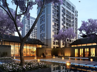 Modern Residential Landscape With High Rise Buildings Purple Trees Water Pool And Lighting Lanterns 3d model