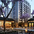 Modern Residential Landscape With High Rise Buildings Purple Trees Water Pool And Lighting Lanterns