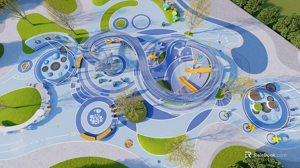 Colorful Children's Play Area With Curved Slides Circular Tracks And Green Lawns 3d model 