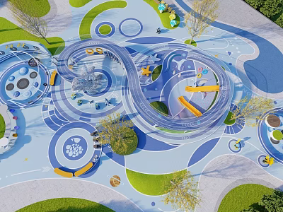 Colorful Children's Play Area With Curved Slides Circular Tracks And Green Lawns 3d model